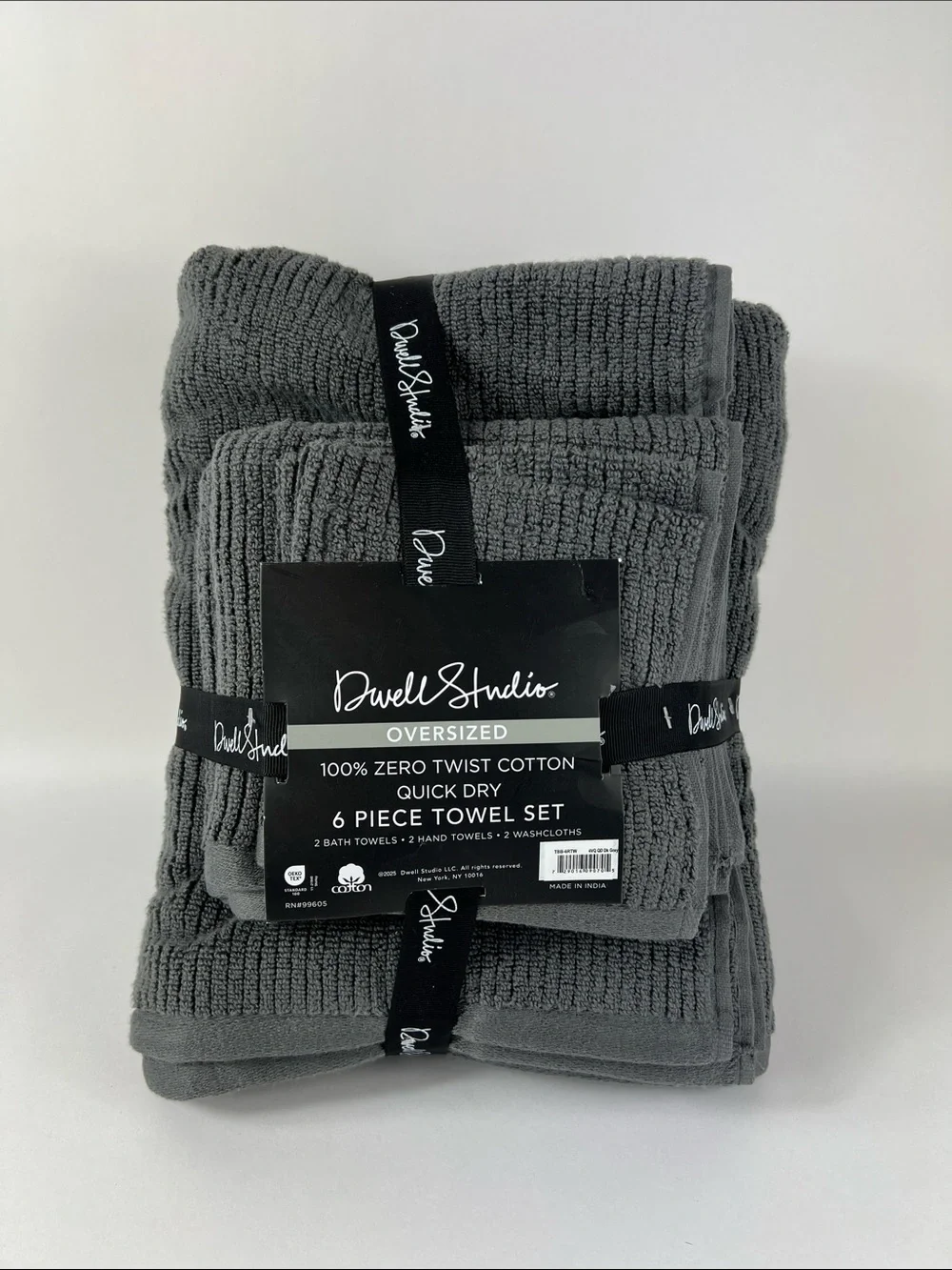 Dwell Studio Bath Towel Set Dark Gray Soft 100% Cotton Zero Twist Set of 6 NEW